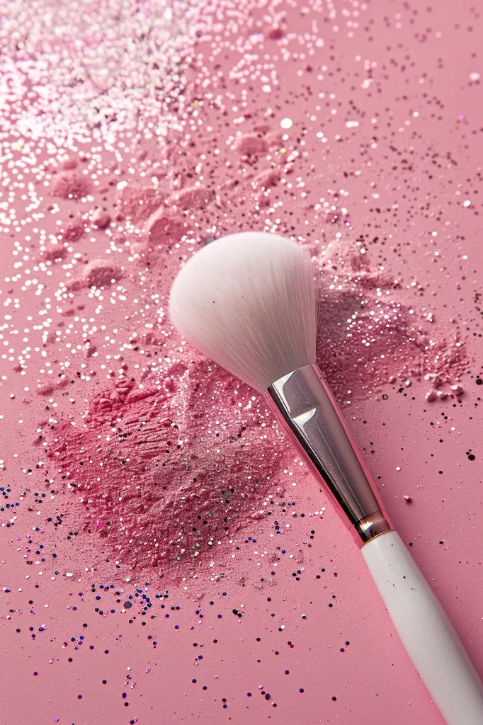 A white makeup brush lies on a pink surface covered in glitter. The brush has been used to apply pink makeup, leaving a light trail of color. The glitter adds a sparkling effect to the image.  The overall composition is simple yet visually appealing.