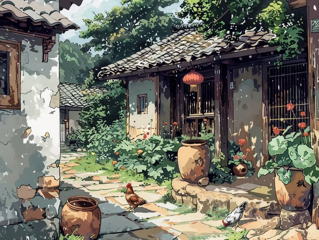 A quaint, traditional Chinese house with a tiled roof and a red lantern hanging from the porch. The house is surrounded by lush greenery, with a cobblestone path leading to the front door. A rooster and a chicken are wandering around the yard, and two large clay pots are placed near the entrance. The scene exudes a sense of tranquility and peacefulness.