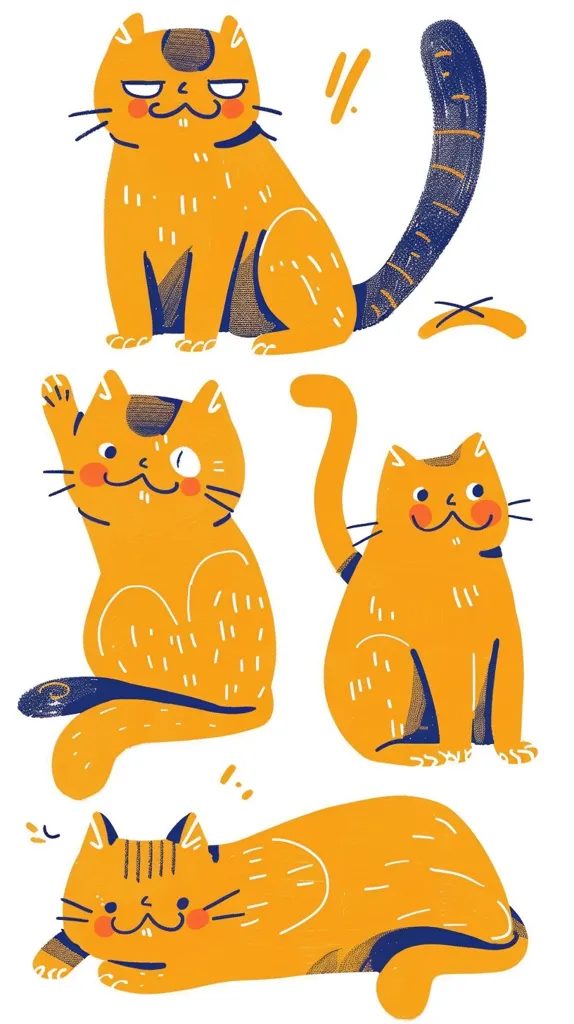 The image features four cartoon cats with orange fur and blue markings. Each cat is depicted in a different pose: one sitting, one waving, one lying down, and one with its tail curled around its body. The cats have smiling faces and big, round eyes. The image is drawn in a simple and playful style, with a white background and some blue squiggles.