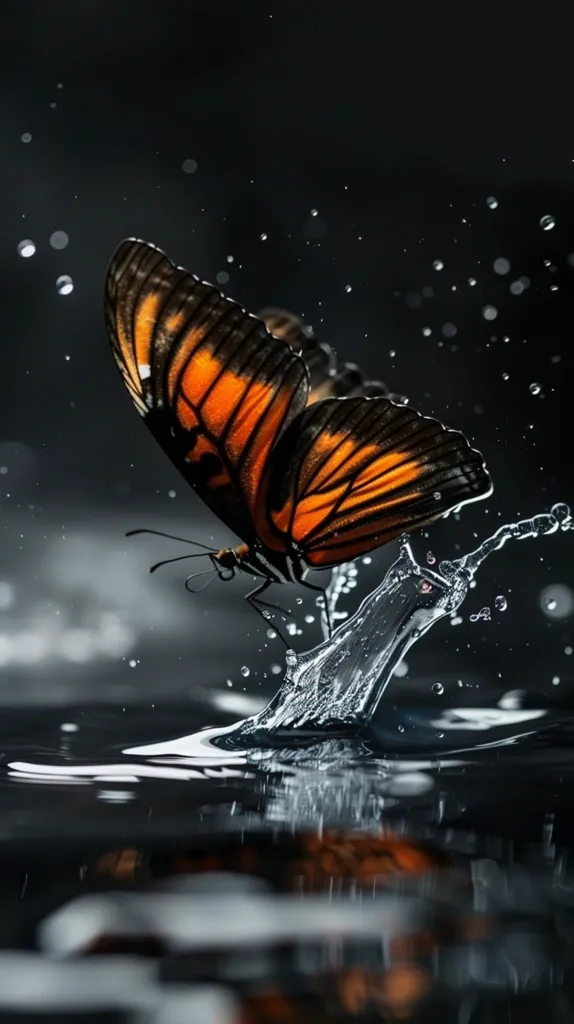 A vibrant orange and black butterfly with intricate wing patterns flies through a dark, minimalist setting. Water droplets create a splash as it dives into a calm pool, its reflection shimmering on the surface. The contrasting colors and dynamic movement make for a captivating image.