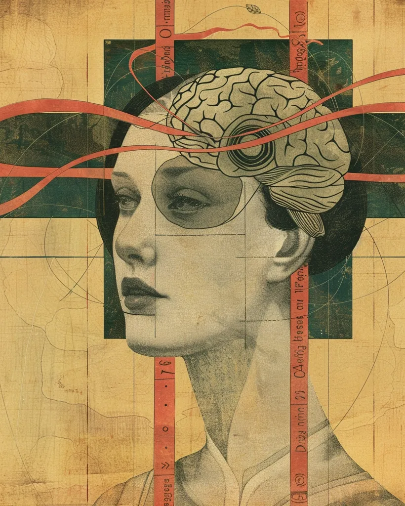 The image is a collage, with a woman's face as the central focus. The woman's eye is covered by a patch, and her brain is depicted above her head, with red ribbons flowing around it. The background is a patchwork of textured paper, with geometric shapes and patterns. The image suggests themes of memory, thought, and the power of the human mind.