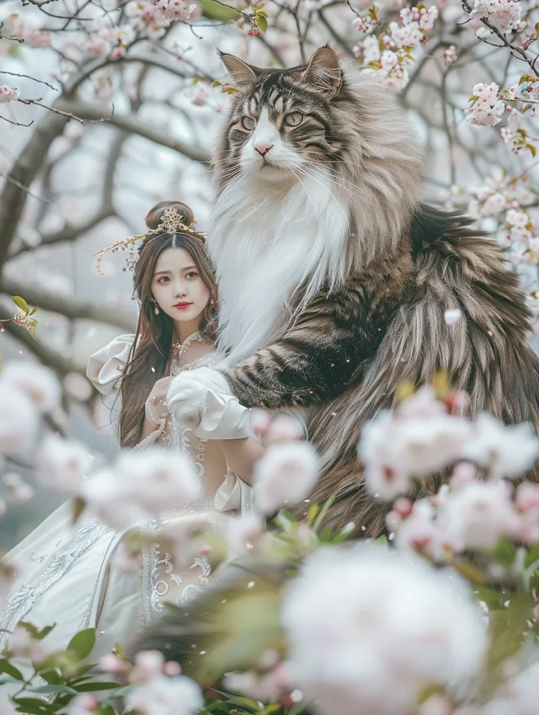 A young woman in a white dress sits with a large, fluffy cat in a garden of blooming cherry blossoms. The woman's dress is adorned with intricate lace and she wears a delicate crown on her head. The cat is a majestic Maine Coon with striking green eyes. The scene is bathed in soft, diffused light, giving it a dreamy and enchanting quality. The pink blossoms of the cherry tree create a beautiful backdrop for the scene. The woman and the cat seem to be sharing a moment of tranquility and peace.