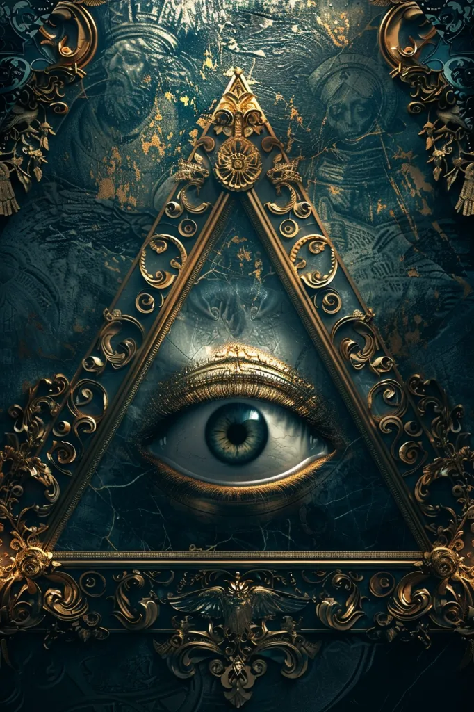 The image depicts a large, all-seeing eye within a golden triangle. The eye is surrounded by intricate, ornate gold framing, set against a dark, textured background. The image is a classic symbol of power and observation, often associated with the concept of an unseen force watching over humanity. The golden embellishments add a sense of grandeur and mystery, emphasizing the power and significance of the eye.