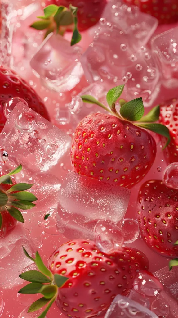Fresh, red strawberries are scattered amongst clear ice cubes. The strawberries are glistening with water droplets, giving the image a refreshing and summery feel. The vibrant colors and close-up perspective highlight the juicy texture of the fruit.