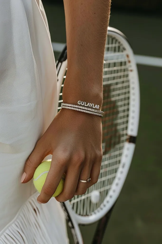 A woman wearing a white tennis skirt holds a yellow tennis ball. Her left hand is adorned with a sparkling diamond bracelet with the name "GULAYLAR" embedded in it, and a delicate ring. A tennis racket leans against her right leg, its white frame and black strings partially visible.  The scene is bathed in warm, sunny light, suggesting a summer day on a tennis court.