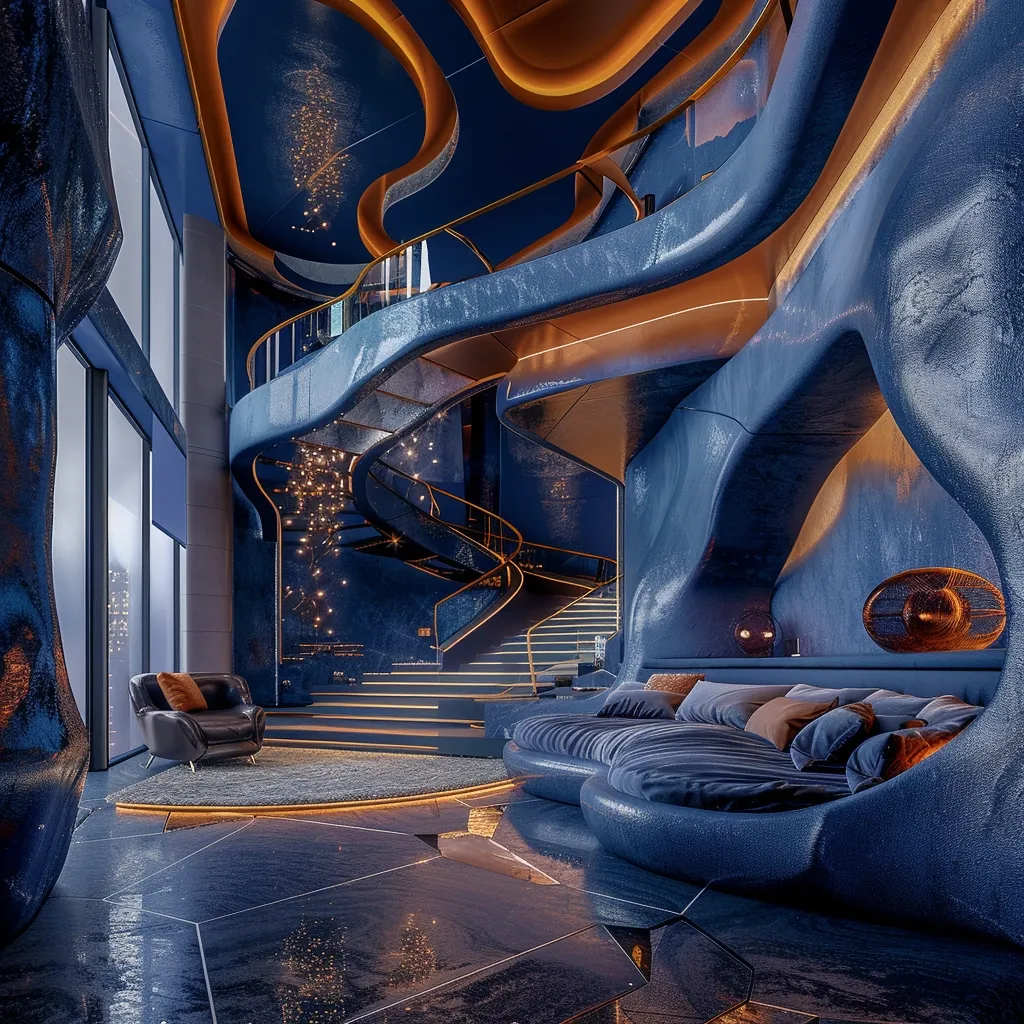 The image depicts a futuristic interior design. The walls are made of a blue material that resembles stone, with organic, flowing lines. A golden-trimmed staircase leads up to a higher level. A plush, blue sofa with pillows sits in the foreground, and a window looks out onto a city skyline. The space is bathed in soft, warm light, creating a cozy and inviting atmosphere.
