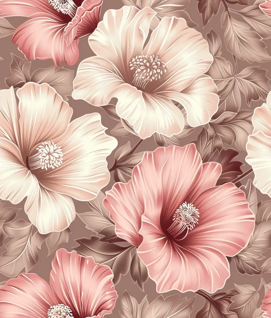 The image is a close-up of a floral pattern. The flowers are a mix of pink and cream, with soft petals that appear delicate and feminine. The background is a light brown, which makes the flowers stand out. The leaves are a darker shade of brown, adding depth and dimension to the pattern. The overall effect is romantic and elegant.