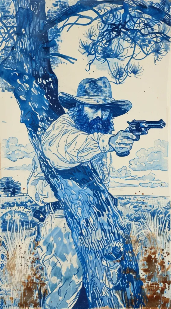 A man in a cowboy hat and beard is standing behind a tree, holding a gun in his right hand. He is looking to the right, aiming his gun. The image is drawn in blue and brown, with a white background. The man's clothes and the tree trunk are detailed, showing textured brushstrokes. The sky is light blue with clouds. There are brown bushes in the background. The image is a depiction of a man ready to defend himself.