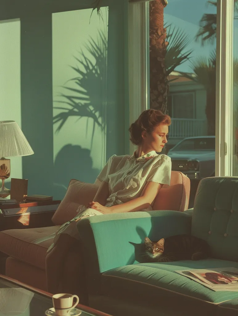 A woman in a white blouse sits on a couch in a living room, gazing off to the side.  A cat lies on the couch beside her, and a palm tree's shadow is cast on the wall.  The room is lit by sunlight streaming through a large window.  The scene evokes a sense of calm and tranquility.  The vintage aesthetic of the furniture and the muted color palette enhance the sense of nostalgia.