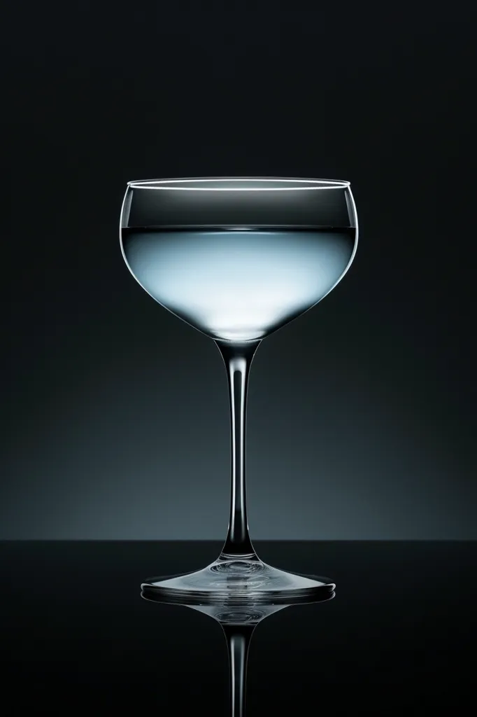 A single stemmed glass filled with clear liquid sits on a black surface. The glass has a wide bowl and a long stem. The liquid is reflective and the glass casts a shadow on the surface. The background is a dark grey color, creating a simple and elegant composition.  The image evokes a sense of quiet contemplation and sophistication.