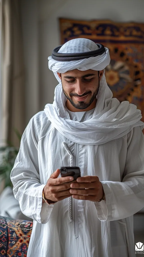 A man in traditional Arab clothing, a white thobe and a white headscarf, is standing indoors, looking down at a smartphone he holds in his hands. He has a beard and a serious expression on his face. The background is blurred and out of focus.