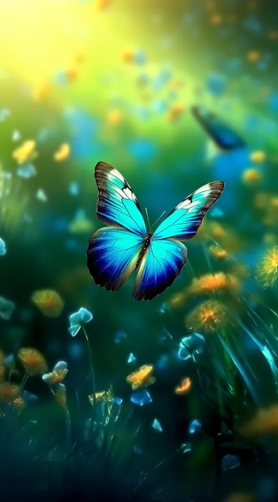 A vibrant blue butterfly with black markings is in focus against a blurred background of green foliage and yellow flowers. The butterfly's wings are spread wide, showcasing its delicate patterns and colors. The image captures a moment of tranquility and natural beauty.