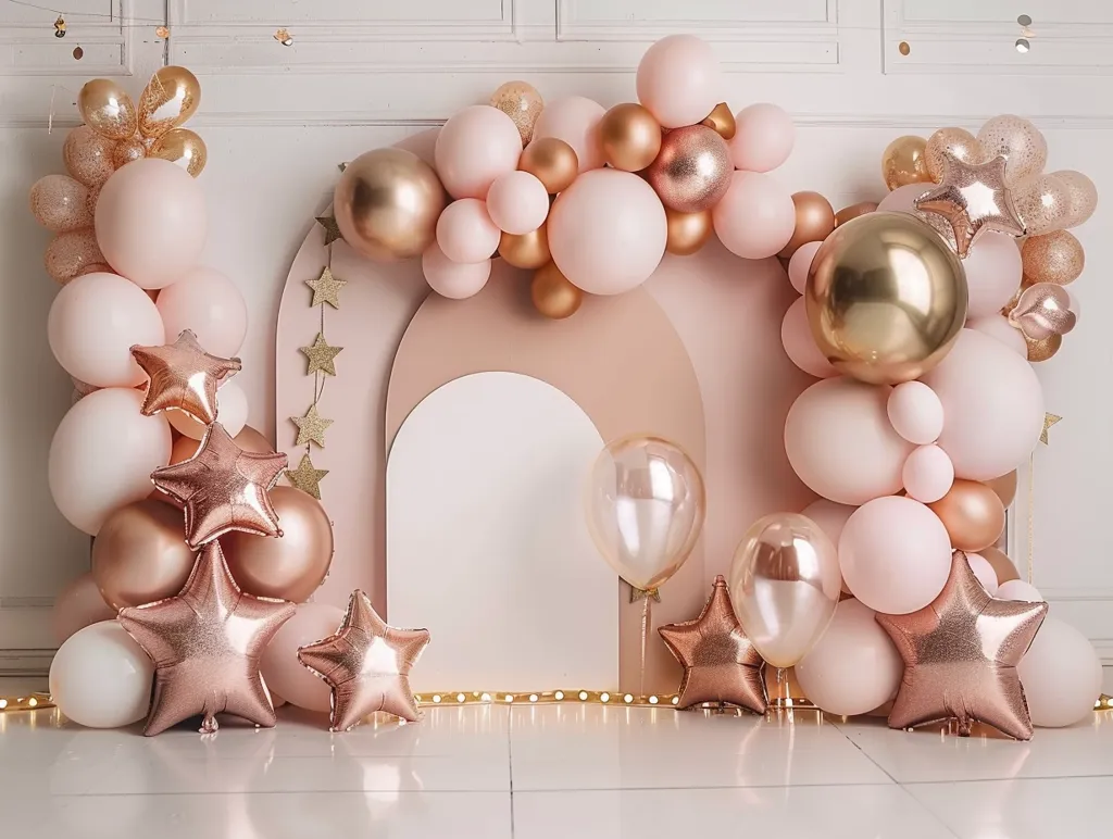 The image shows a white wall decorated with a balloon arch. The arch is made of pink, white, and gold balloons, and is adorned with gold stars. There is a white, arch-shaped cutout behind the balloon arch. The floor is white tile, and there are string lights along the bottom of the wall. The overall theme is elegant and festive.