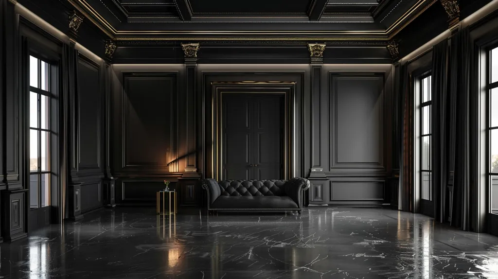A grand, black and gold room with tall windows and a black velvet sofa sits in the center. The room is decorated with ornate molding and black curtains. Sunlight streams through the windows, highlighting the black marble floors and reflecting off the shiny gold accents. The room is empty, creating a sense of luxury and solitude.