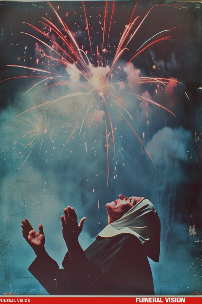 A woman in a black dress and white headscarf looks up at a fireworks display in the sky. The fireworks are bright red and white against a dark blue sky. The woman has her hands raised in the air as if in prayer. The image is filled with a sense of awe and wonder. The word "Funeral Vision" appears in the bottom corners of the image.