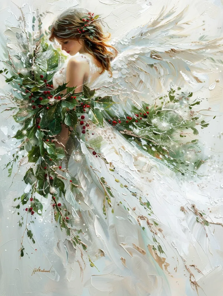 A painting depicts an ethereal angel with flowing white wings and long brown hair.  She is adorned with a wreath of holly, and her white gown is partially obscured by a cascade of holly branches.  The background is a light blue with hints of gold and white, evoking a sense of wintery magic.  The painting's soft colors and dreamy composition create a calming and ethereal atmosphere.  The artist's signature is visible in the lower left corner.