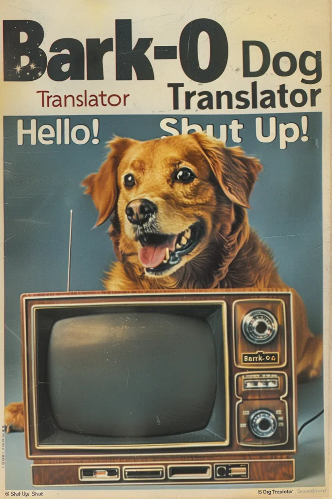 A vintage advertisement for the "Bark-O-Dog Translator" features a golden retriever sitting in front of a television. The text reads "Translator Hello!" and "Translator Shut Up!" The image is set in a retro style with a grainy texture. It is a humorous and nostalgic portrayal of a product that would allow owners to understand their dogs.