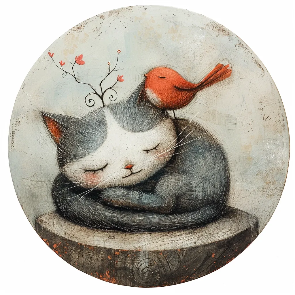 A gray and white cat with closed eyes is curled up asleep on a tree stump. A small red bird with a long tail is perched on the cat's head, its beak slightly open. The image is set against a soft, muted background with a few small red flowers growing from the tree stump. The overall tone of the image is peaceful and whimsical.