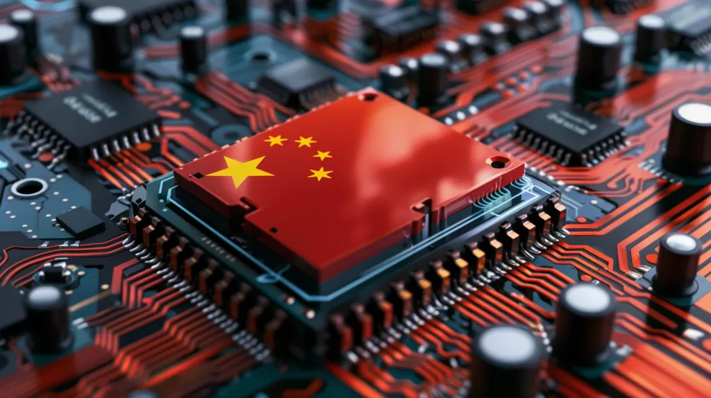 The image shows a close-up of a circuit board with a computer chip in the center. The chip is covered with the flag of China, representing the country's growing role in the technology industry. The intricate circuitry surrounding the chip highlights the complexity of modern technology. The red and gold colors of the Chinese flag stand out against the dark background, creating a visually striking image.
