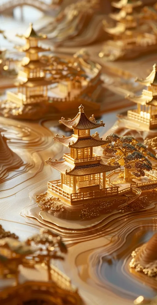 A miniature golden cityscape with intricate details. A central pagoda stands tall with layered roofs and windows. It sits amidst a landscape of layered hills and a small golden tree, reflecting the light. The scene evokes a sense of tranquility and beauty, with each element crafted with precision.  The use of gold creates a luxurious and timeless atmosphere.