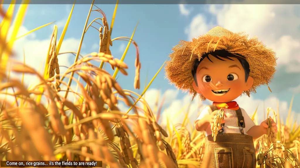 A young boy, wearing a straw hat and overalls, stands in a field of golden rice. He is smiling and holding stalks of rice in his hands. The sun shines brightly in the sky, and the rice field stretches out as far as the eye can see. The boy seems happy and excited to be harvesting the rice.  He is calling out to the rice grains, urging them to come on, as the fields are ready.