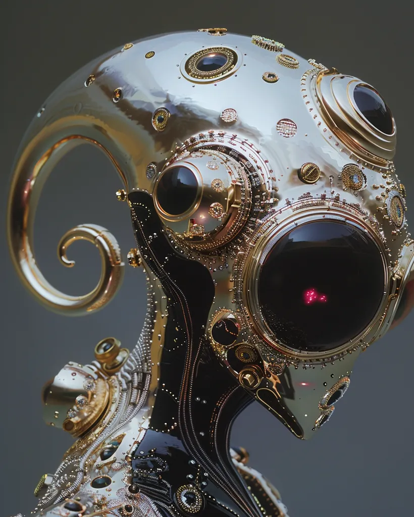 The image depicts a close-up of a futuristic, ornate robot head. The head is covered in intricate details, including gold plating, circular embellishments, and a network of wires and pipes. A large, dark eye with a red glint is prominent, giving the robot an ominous and alien appearance. The head is angled slightly down, suggesting a sense of contemplation or perhaps a hint of sadness. The overall effect is one of both beauty and strangeness, making the robot seem both captivating and unsettling.