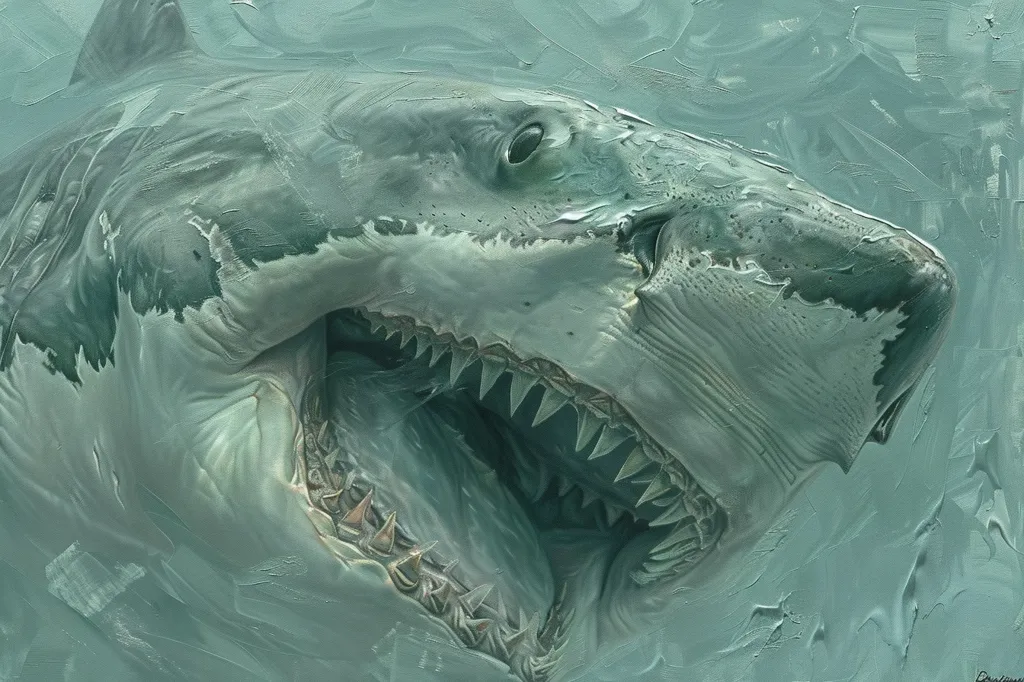 The image is a close-up of a great white shark's head, with its mouth open and sharp teeth visible. The shark is painted in a realistic style, with the texture of the water and the shark's skin rendered in detail. The background is a blurred, green-blue color, suggesting the ocean. The image evokes a sense of both beauty and danger.