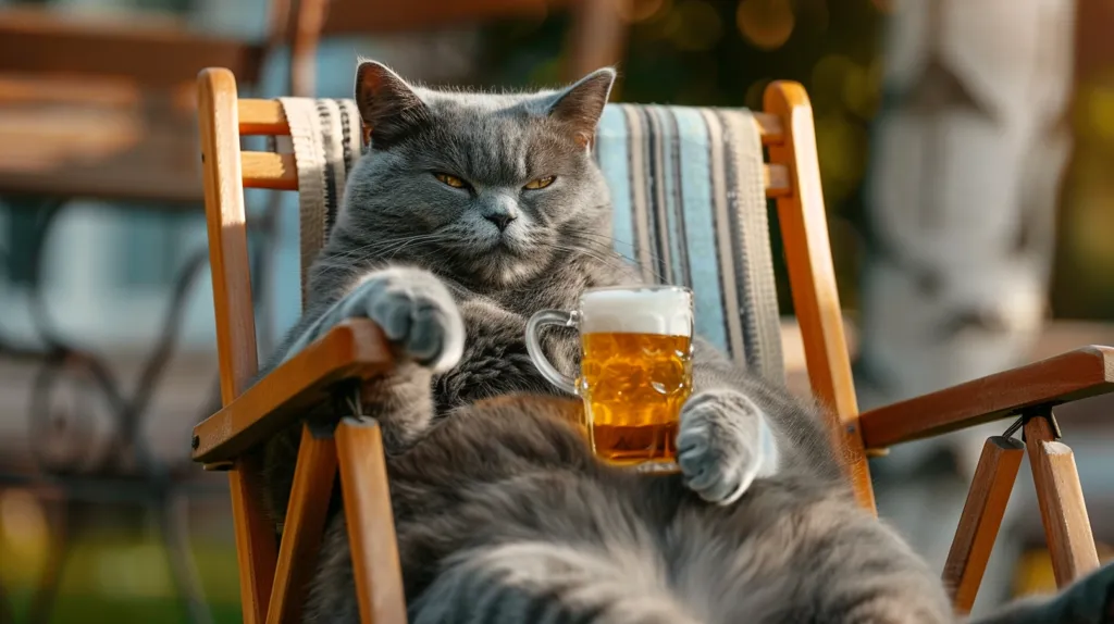 A gray cat sits in a wooden chair with a glass of beer in its paw. The cat is lounging back with a serious expression on its face, as if it is enjoying a relaxing afternoon drink. The chair has a blue and white striped cushion and is positioned outdoors, suggesting a leisurely setting. The cat appears to be enjoying its beverage with a sense of contentment.
