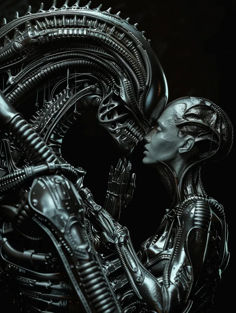 The image portrays two figures, both with sleek, metallic, alien-like bodies. They are in a close embrace, their heads almost touching. The one on the left is larger and more imposing, with a complex and intricate design, reminiscent of a classic Xenomorph from the Alien franchise. The figure on the right is smaller and more delicate, with a more human-like face. The dark, almost black background emphasizes the metallic sheen of the figures and the interplay of light and shadow.  The image suggests a connection, perhaps a union, between two different beings.