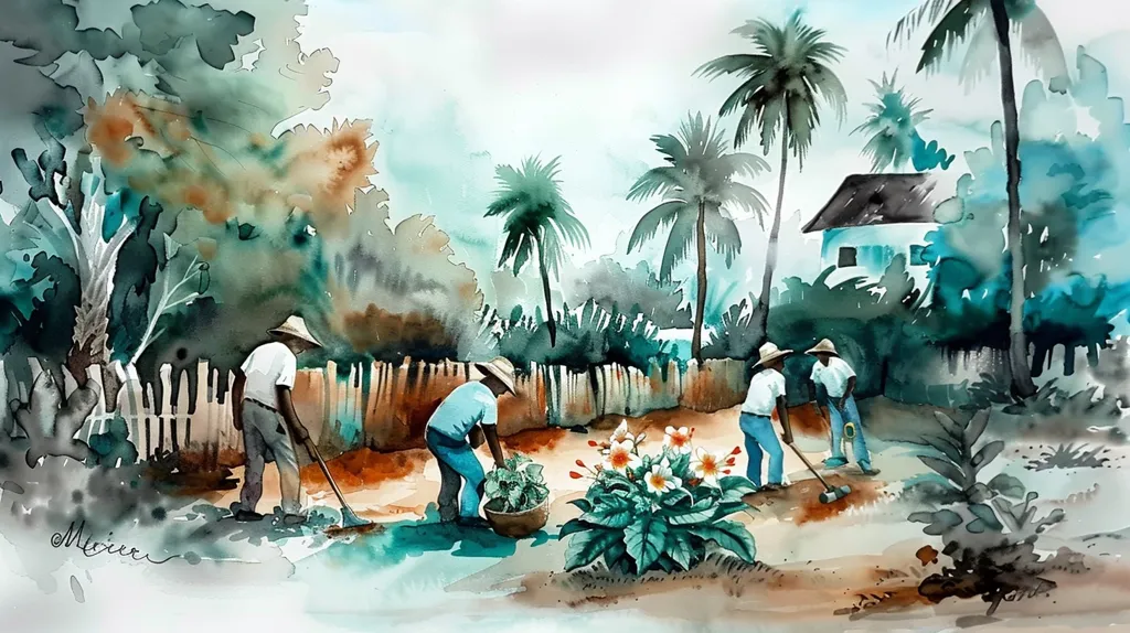 A watercolor painting depicts a tropical scene with four men working in a garden. The men are wearing straw hats and are tending to plants. In the background, there are palm trees and a small house. The painting is done in a loose and impressionistic style, with vibrant colors and soft brushstrokes. The scene evokes a sense of tranquility and peace.