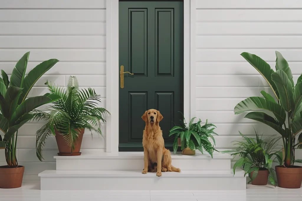 A golden retriever sits on the steps of a white house with a dark green door. The dog is facing the camera and has a curious expression. There are potted plants on either side of the dog, including ferns and a banana plant. The scene is peaceful and inviting.