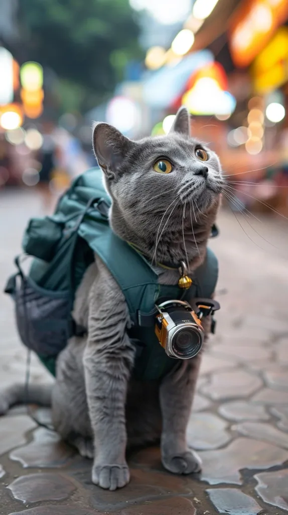 A gray cat, wearing a green backpack and a camera, sits on a cobblestone street. The cat has a curious expression on its face, looking up and to the right. The background is blurred with out-of-focus lights and buildings. The cat is dressed like a miniature adventurer ready to capture the world's beauty.