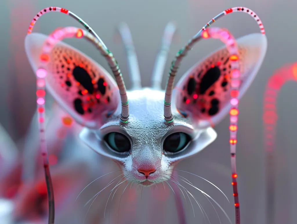 A close-up of a futuristic, white cat with large, blue eyes and long, thin antennas with red lights. The cat's ears are large and translucent, with a pattern of black and red spots. The creature's expression is curious and slightly mischievous. The background is blurred, creating a sense of depth. The overall image is a mix of whimsy and futuristic technology.