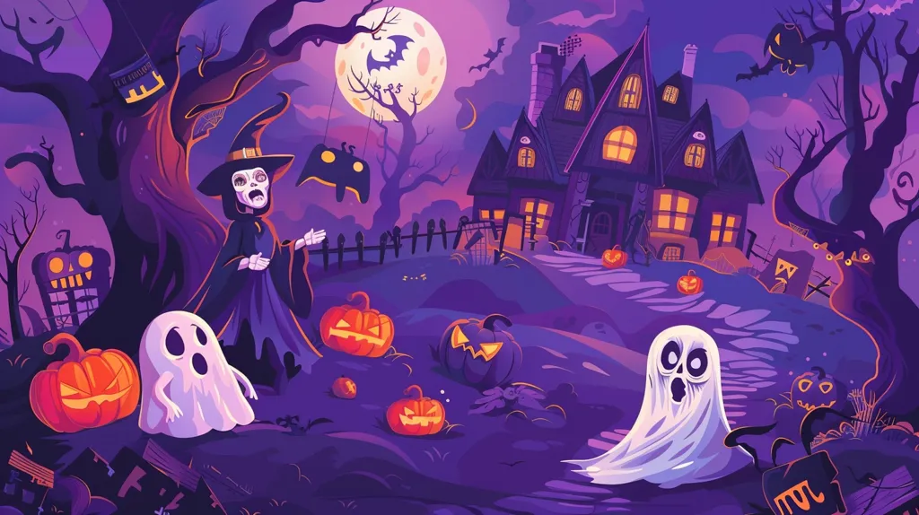 A spooky Halloween scene with a haunted house, pumpkins, a witch, and ghosts. The house is large and dark with lit windows. There are jack-o'-lanterns scattered around. A witch in a black dress and hat stands in the foreground. Two ghosts float in the air. A full moon hangs in the sky, casting an eerie glow on the scene. The trees are bare and twisted, creating a sinister atmosphere.  The scene is full of Halloween details and conveys a sense of mystery and excitement.
