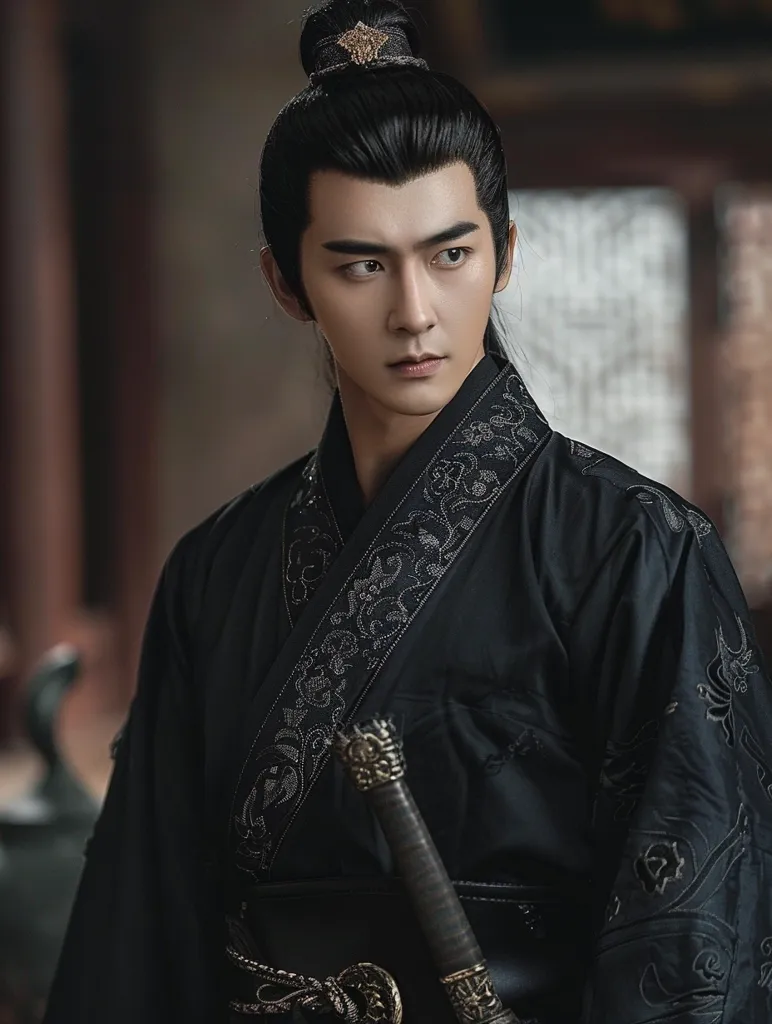 A young man with dark hair tied back in a bun, wearing a black robe with intricate silver embroidery and a black belt with a silver buckle. He is holding a sword at his side, looking off to the side with a serious expression. The background is a blurry image of a dark, ornate room. The overall ambiance is mysterious and elegant.