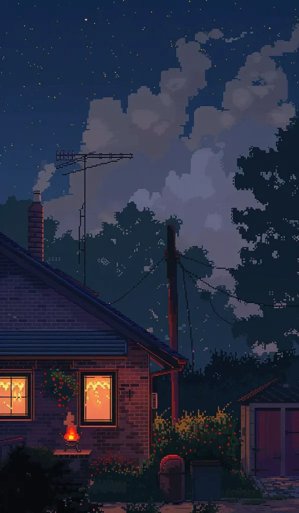 The image is a pixelated depiction of a suburban house at night. The sky is dark and dotted with stars, with fluffy clouds floating across the top of the frame. A single-story house with lit windows sits nestled among trees, with a small fire burning in the front yard.  The house is made of brick, with a wooden door and a metal roof. There is a small garden in front of the house, and a couple of trash cans in the background. The image has a warm, inviting feel, despite the late hour.