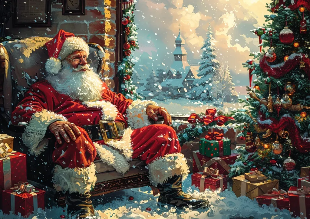 Santa Claus sits in a plush armchair, clad in his iconic red suit and white beard, gazing out a window at a snow-covered village.  A decorated Christmas tree stands beside him, adorned with ornaments and twinkling lights. Presents are piled nearby, hinting at the joy and generosity of the holiday season. The warm glow of the room contrasts with the snowy landscape outside, creating a peaceful and festive atmosphere.
