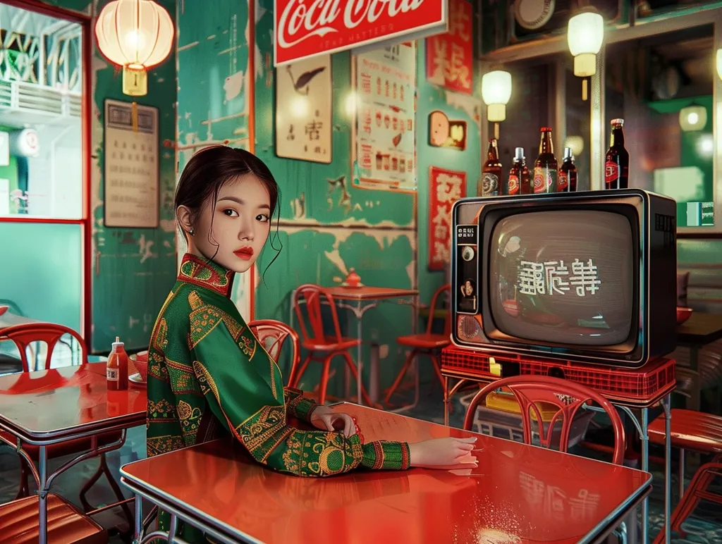 A young woman in a green patterned dress sits at a red table in a dimly lit restaurant.  The walls are turquoise, and a vintage television plays in the background.  The restaurant is adorned with traditional Chinese decor, including red lanterns, a Coca-Cola sign, and posters in Chinese characters.  The image has a nostalgic and atmospheric quality.