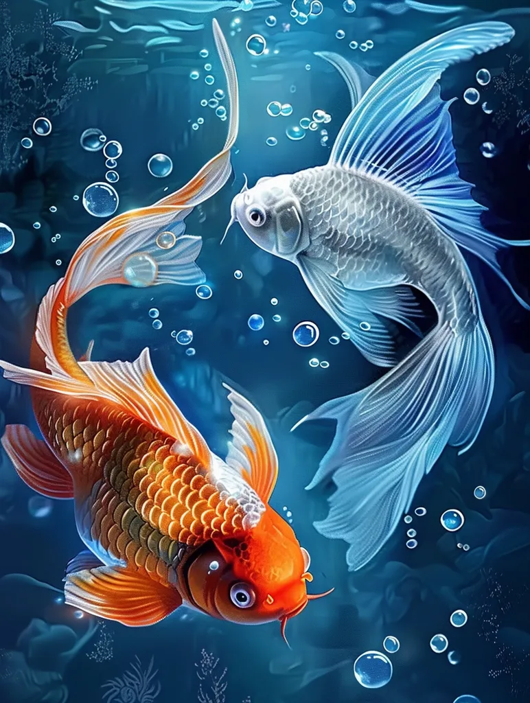 Two Koi fish swim gracefully in a vibrant blue underwater scene.  One fish is a bright orange and red, while the other is a luminous white.  Both fish have flowing fins and scales that shimmer in the light, creating a sense of movement and energy.  A multitude of bubbles float around them, adding to the underwater ambiance.