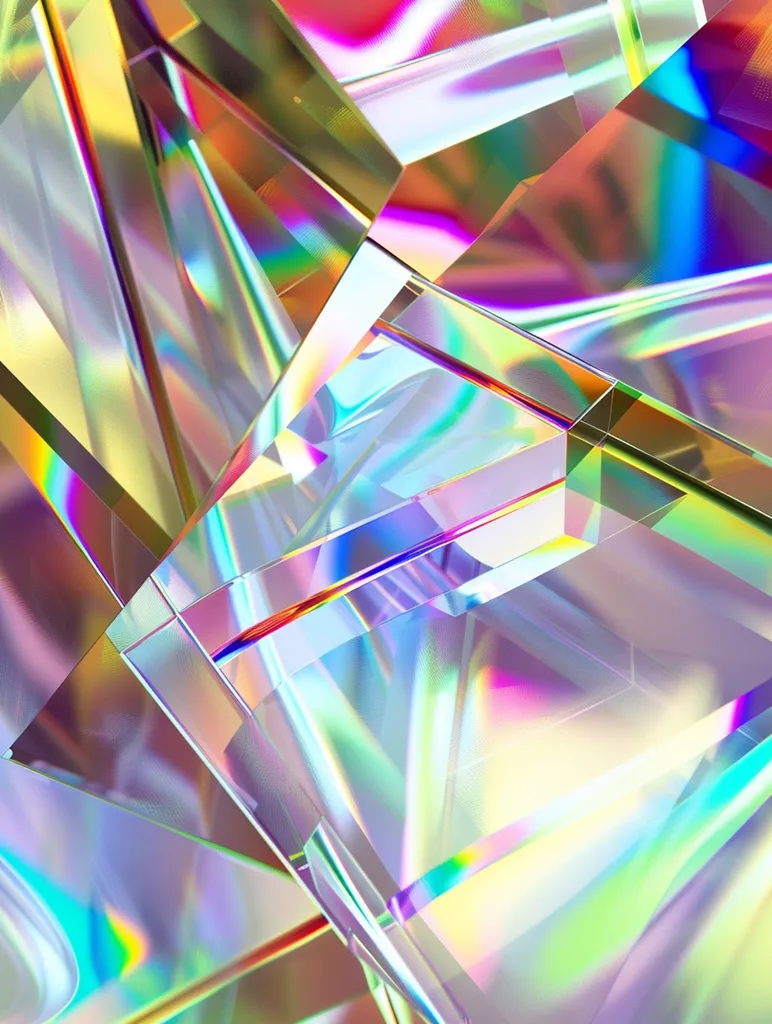 An abstract image of iridescent glass prisms creating a mosaic of shimmering colors. The light reflects off the surfaces, casting a kaleidoscope of hues, including pink, blue, green, yellow, and orange. The image has a sense of depth and movement, as the prisms seem to overlap and intersect. The overall effect is one of vibrant and playful energy.