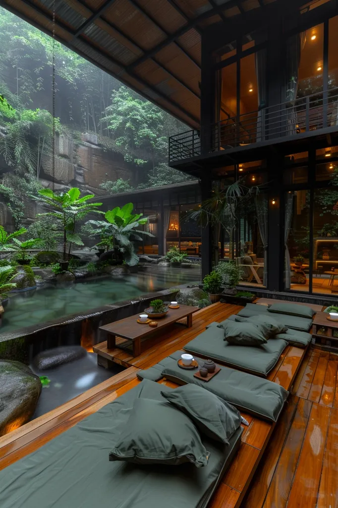 A modern, minimalist zen-inspired patio features a wooden deck with plush green cushions, a small wooden table with teacups, and a tranquil reflecting pool with cascading water, all set against the backdrop of a lush, verdant forest. The patio is partially covered by a contemporary black-framed structure with large windows, providing a seamless connection to the natural surroundings.  The overall ambiance is serene and inviting, perfect for relaxation and contemplation.