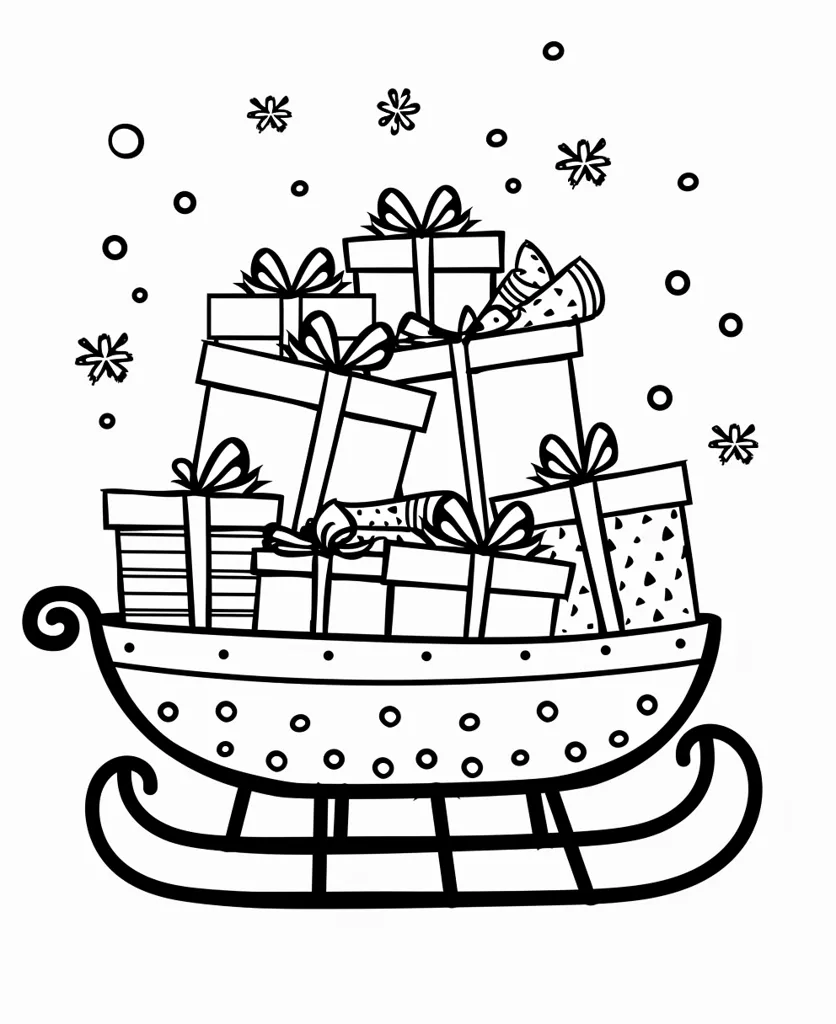A black and white illustration of a sleigh filled with presents. The sleigh is decorated with polka dots and snowflakes. The presents are stacked on top of each other in a chaotic but festive manner. The image is simple but conveys the joy of Christmas.