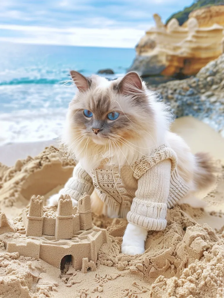 A fluffy white cat with piercing blue eyes is wearing a beige sweater and playing in the sand on a beach. The cat is partly buried in the sand next to a sandcastle, with the ocean and rocky cliffs in the background. The cat looks directly at the camera with a playful expression.
