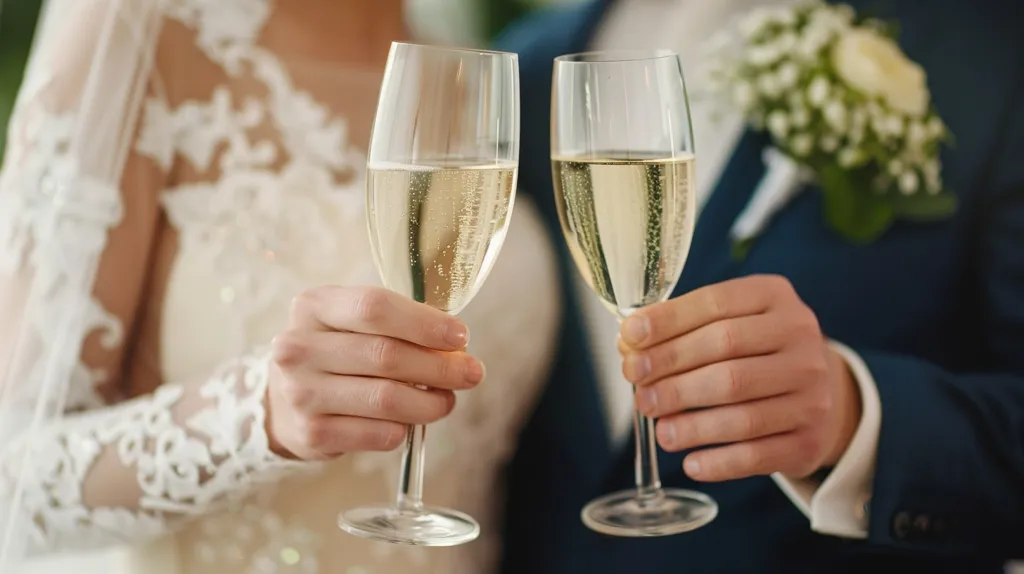 A bride and groom, dressed in white and blue respectively, are holding champagne flutes filled with bubbly. The bride is wearing a white lace dress, while the groom is wearing a blue suit with a white button-down shirt. They are both smiling as they toast each other.  A small bouquet of flowers is visible on the groom's lapel.