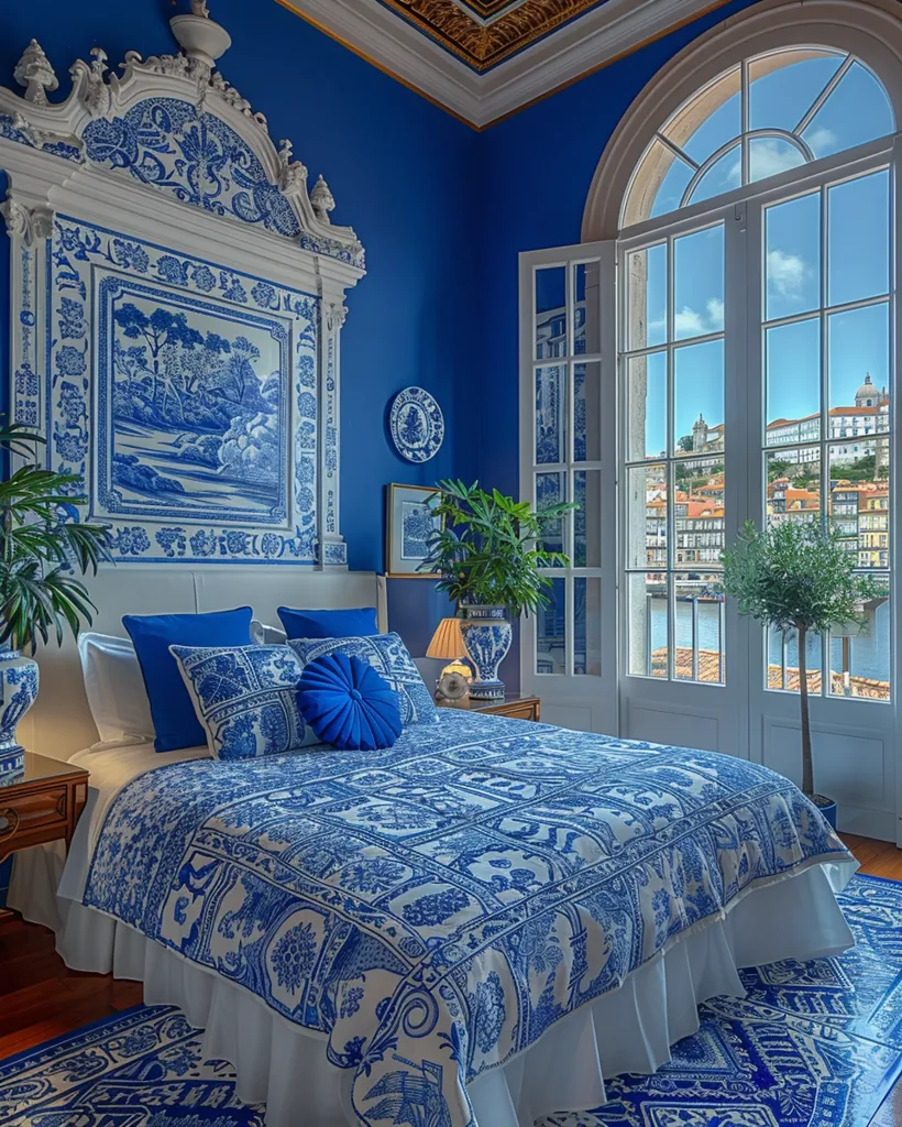 A large, blue and white bed with a patterned quilt sits in a spacious room.  The room is painted a vibrant blue and features a large, ornate, white and blue tilework piece above the headboard.  A large, arched window offers a view of the city, and the room is decorated with potted plants. The floor is covered with a blue and white patterned rug.  The overall style is luxurious and inviting, with a strong focus on the rich color scheme.