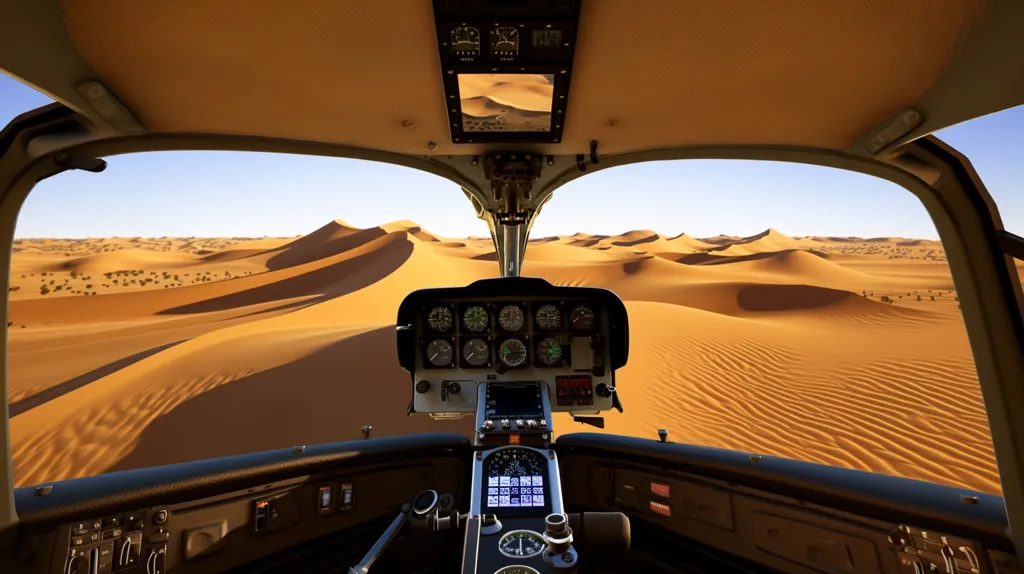 The view from the cockpit of a helicopter flying over a vast desert landscape.  The golden sand dunes stretch as far as the eye can see, punctuated by scattered vegetation. The helicopter's instrument panel, with its array of dials and gauges, is visible in the foreground, while the windshield offers a panoramic vista of the desert.  The bright blue sky and the soft light create a sense of peace and tranquility.