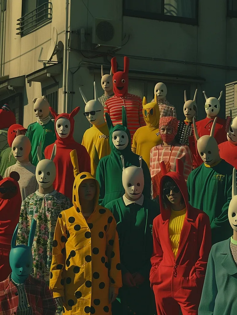 A group of people wearing colorful, whimsical costumes and masks stand in front of a building. The masks are mostly animal-like, with some resembling rabbits, bears, and even a blue creature. Their outfits are bold and bright, with various patterns and textures. The setting appears to be urban, with a building in the background.  The overall tone of the image is playful and mysterious.