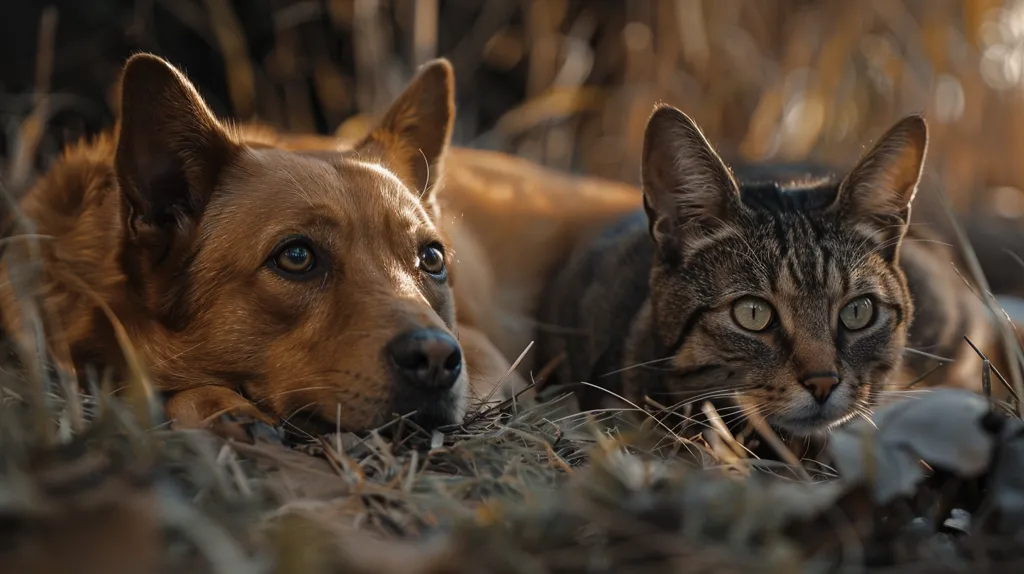 A brown and white dog with large, soulful eyes lies in the grass with its head resting on its paws. A tabby cat with green eyes peers from behind the dog, its gaze fixed on something out of frame. The animals are in a patch of dry grass with soft light filtering through the foliage.  They seem to share a moment of peaceful contemplation, each lost in their own thoughts.  The image evokes a sense of tranquility and a connection between the two animals.