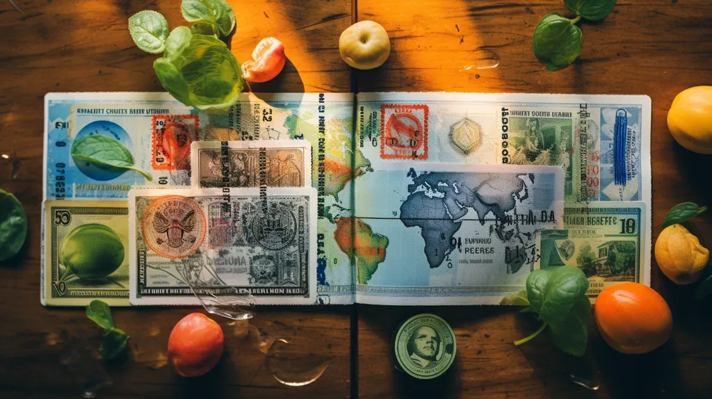 A passport with various stamps and a map of the world lies open on a wooden table. It is surrounded by a variety of fruit including lemons, oranges and a small red apple. The image is lit from above by sunlight.