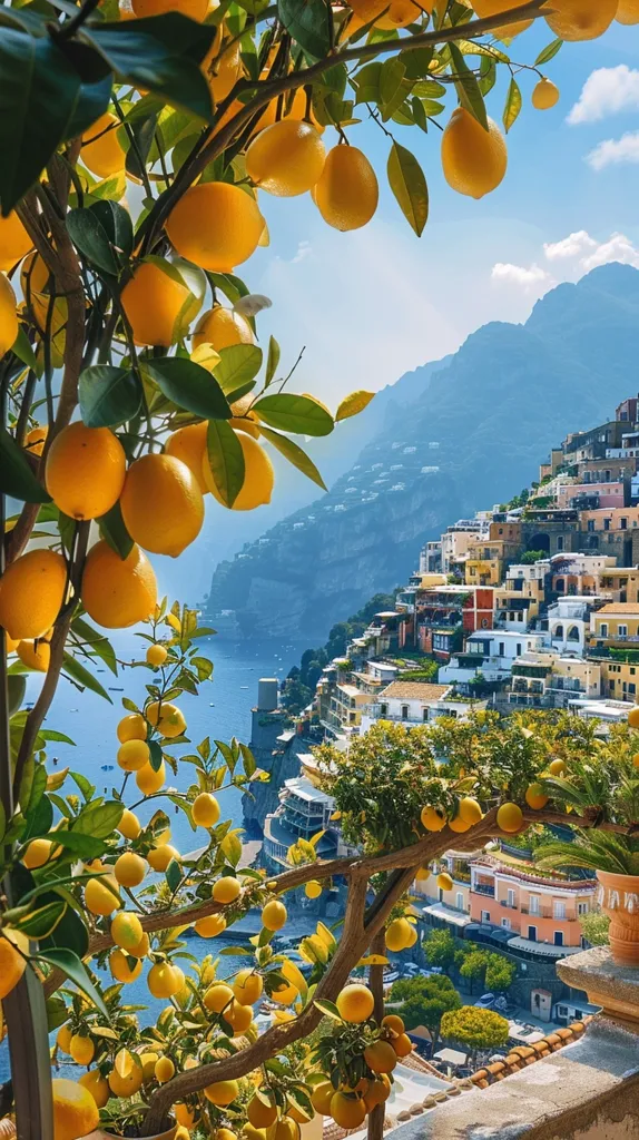 A vibrant lemon tree laden with ripe fruit sits in the foreground, its branches framing a picturesque Italian coastal town nestled against a dramatic mountainside. The azure waters of the Mediterranean Sea shimmer in the distance, while the charming houses of the village are painted in a cheerful array of colors. The scene is bathed in the warm glow of the Mediterranean sun, creating a sense of idyllic tranquility.